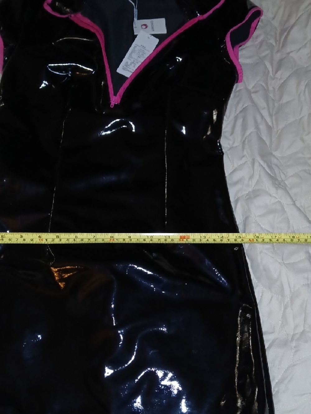 UWOWO Black Patent Vinyl Mini Dress with Hot Pink Trim. - Picture 7 of 9